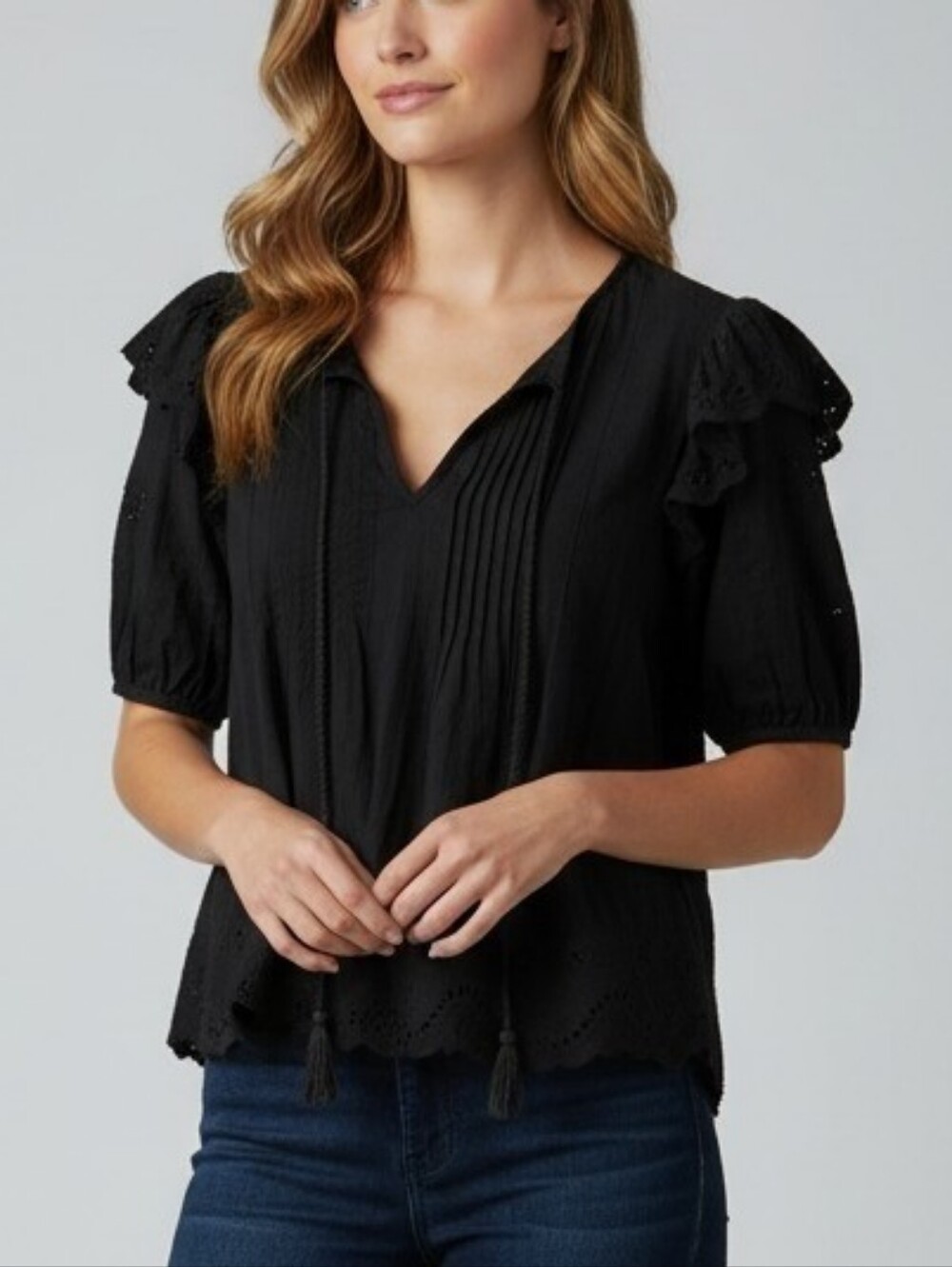 Black V-Neck Pintuck Tie-Front Tunic with Ruffle Sleeves